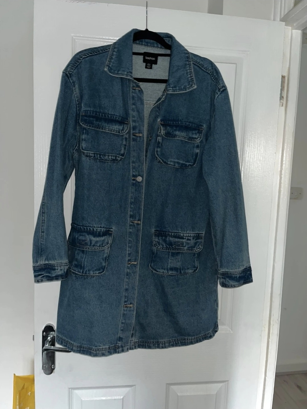 Boohoo Midwash Blue Long Denim Jacket/dress with Four Pockets